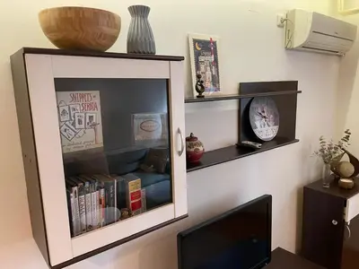 a book shelf with a tv in a living room at Belgrade Blue Oasis in Belgrade