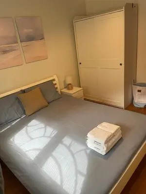a bedroom with a large bed with a closet at Belgrade Blue Oasis in Belgrade