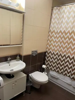 a bathroom with a toilet and a sink and a mirror at Belgrade Blue Oasis in Belgrade