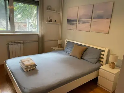 a bedroom with a bed with blue sheets and two windows at Belgrade Blue Oasis in Belgrade