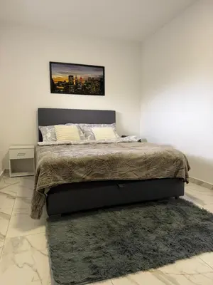 a bedroom with a large bed with a rug at Apartman na dan Pecinci in Pećinci