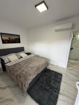 a bedroom with a bed in a white room at Apartman na dan Pecinci in Pećinci