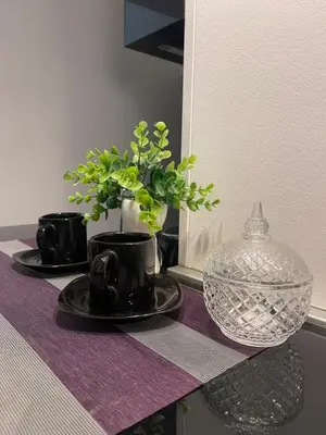 a table with two black cups and a potted plant at Skadarlija Residence in Belgrade