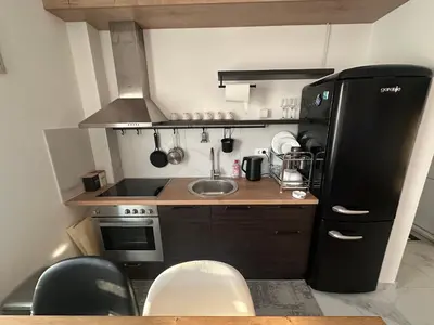 a small kitchen with a sink and a refrigerator at Apartman 601 in Surčin