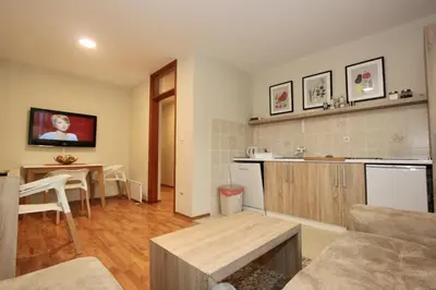 a living room with a kitchen and a dining room at Cozy apartments in Belgrade, Čukarica, Železnik, free parking and WiFi in Belgrade