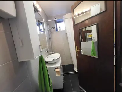 a bathroom with a sink and a mirror at Udobni smestaj in Belgrade