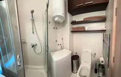 a small bathroom with a shower and a toilet at Urban Studio Vračar Centar - Central Belgrade in Belgrade