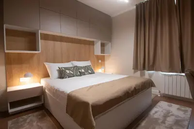 a bedroom with a bed and a window at Jana BW apartman in Belgrade