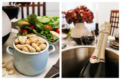 two pictures of a cup of nuts and a bottle of wine at Fireplace Magic 108m2 with Balcony & Foosball in Belgrade