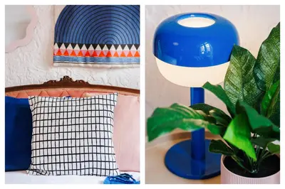 a blue lamp and a plant in a room at Fireplace Magic 108m2 with Balcony & Foosball in Belgrade