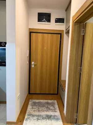 a wooden door in a room with a rug at Fagus apartments in Arandjelovac