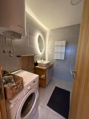 a small bathroom with a washing machine and a sink at Fagus apartments in Arandjelovac