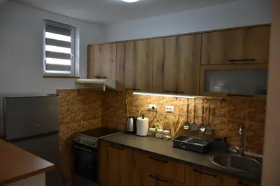 a kitchen with wooden cabinets and a sink at Countryside rest house in Novi Banovci