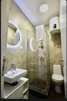 a bathroom with a sink and a shower and a toilet at Central Harmony Apartments in Belgrade