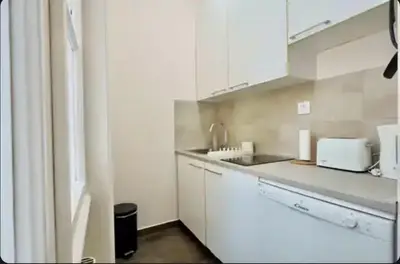 a kitchen with white cabinets and a sink at Central Harmony Apartments in Belgrade