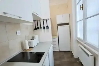 a kitchen with white appliances and a white refrigerator at Central Harmony Apartments in Belgrade