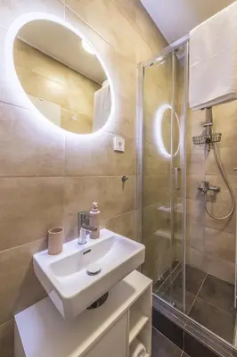 a bathroom with a sink and a shower at Central Harmony Apartments 1 in Belgrade
