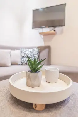 a coffee table with a plant and two cups on it at Central Harmony Apartments 2 in Belgrade