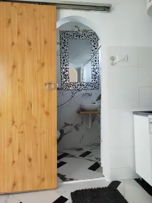 a bathroom with a wooden door and a mirror at apartment on top of the city in Belgrade