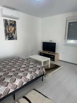 a white room with a bed and a tv at Elena Airport Apartments in Surčin