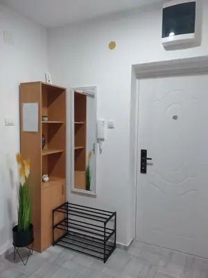 a white room with a door and a mirror at Aleksej in Irig
