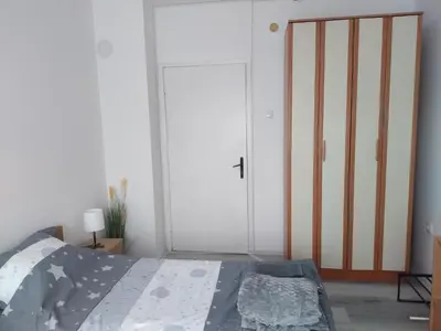 a bedroom with a bed and a sliding door at Aleksej in Irig