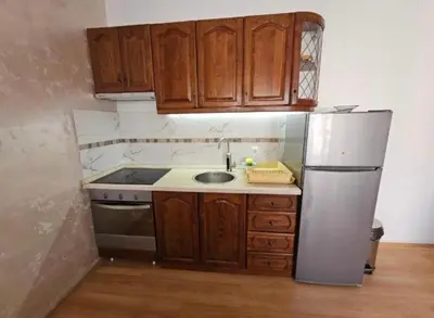 a kitchen with wooden cabinets and a stainless steel refrigerator at Vila Miona Apartments in Belgrade