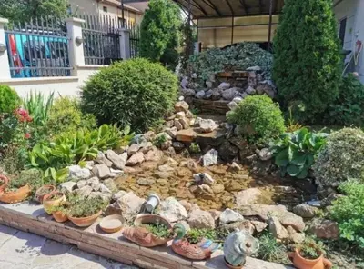 a garden with a pond with rocks and plants at Vila Miona Apartments in Belgrade