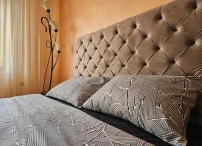 a bedroom with a bed with a large headboard at Vila Miona Apartments in Belgrade