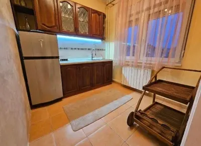 a kitchen with a refrigerator and a cart in it at Vila Miona Apartments in Belgrade