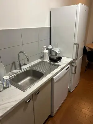 a kitchen with a sink and a refrigerator at Apt 1944 in Belgrade