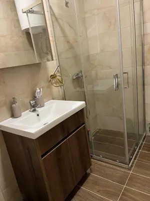 a bathroom with a sink and a shower at Cozy apartment Kosmaj Residence in Rogača