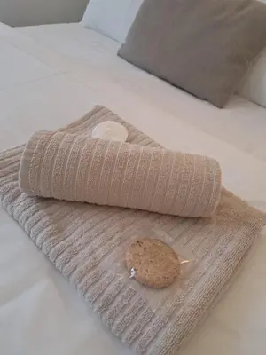 a bed with a brown towel with a cookie on it at Wolf Belgrade in Belgrade