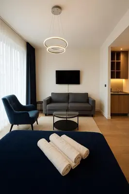 a living room with a couch and a table at Waterfront Studio Blue Lagoon in Belgrade