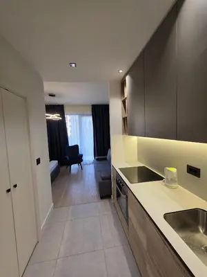 a kitchen with a sink and a living room at Waterfront Studio Blue Lagoon in Belgrade