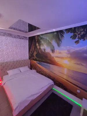 a bedroom with a bed with a painting of the ocean at Sunset in Pančevo