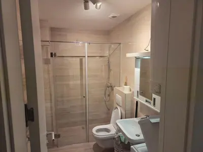 a bathroom with a shower and a toilet and a sink at Apartman-Stan in Belgrade