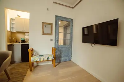 a room with a door and a chair and a television at Mizi Apartment in Belgrade
