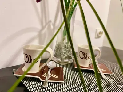 two coffee cups and a vase on a table at Skadarlija Nest in Belgrade