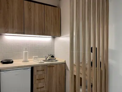 a kitchen with wooden cabinets and a sink at Liberte Apartments 2 Voždovac in Belgrade