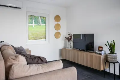 a living room with a couch and a television at Villa Vista Slankamen in Stari Slankamen