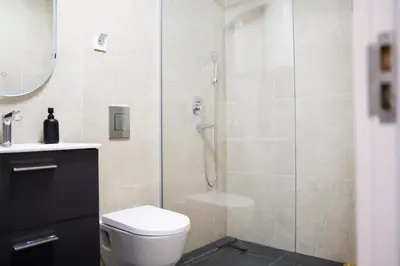 a bathroom with a shower with a toilet and a sink at Villa Vista Slankamen in Stari Slankamen