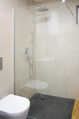 a bathroom with a glass shower with a toilet at Villa Vista Slankamen in Stari Slankamen
