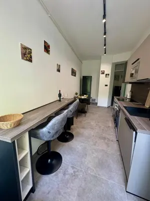 a kitchen with a long counter in a room at WhiteCity Suite in Belgrade
