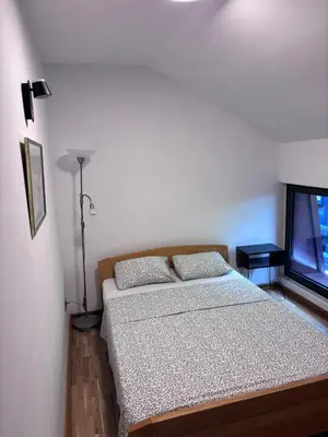 a bedroom with a bed and a window at Pejton Apartment in Belgrade