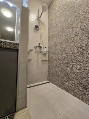 a bathroom with a shower with a glass door at Crown Apartment in Belgrade