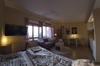 a living room with a bed and a couch at Crown Apartment in Belgrade