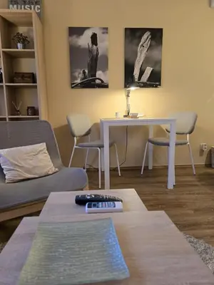 a living room with a couch and a table at Crown Apartment in Belgrade