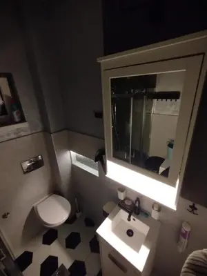 a bathroom with a toilet and a sink and a mirror at Vuk i Vojvoda in Belgrade