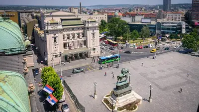 an aerial view of a city with a building at Five Points Square - City Center in Belgrade